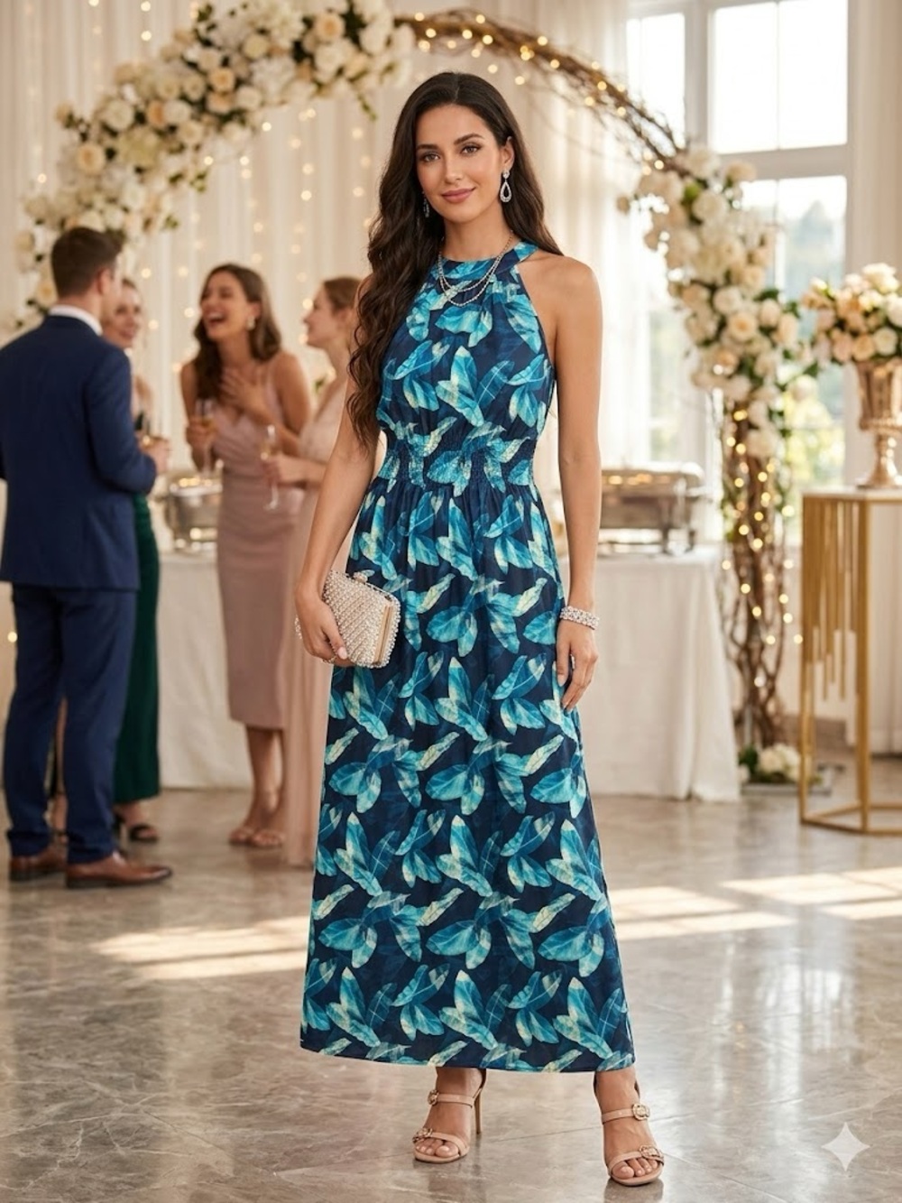 Halston Heritage Teal and Blue Leaf-Print Halter Maxi Dress